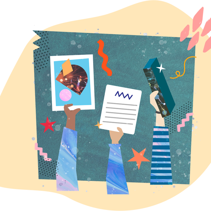 Illustration of children holding up art, writing and objects.