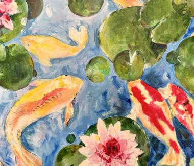 Painting of fish swimming in a lily pond