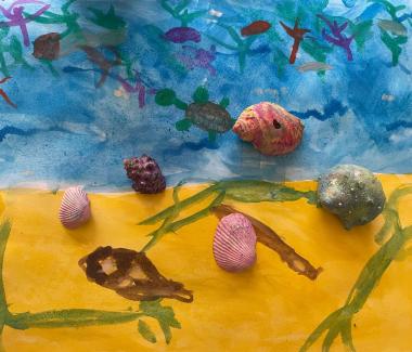Painting of a beach with fish and shells