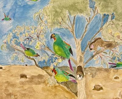 Artwork of parrots in a tree