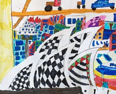 Colourful artwork of Darling Harbour