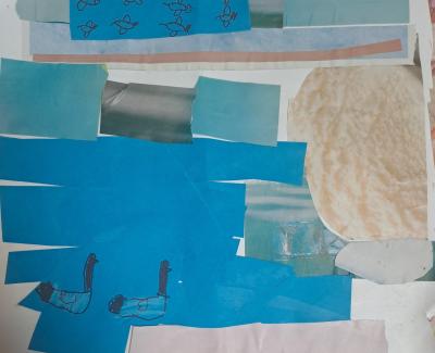 Pieces of blue and white paper and ducks in a collage