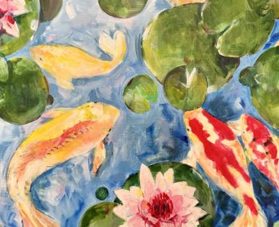 Painting of fish swimming in a lily pond