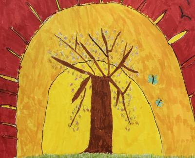 Artwork of tree at sunrise