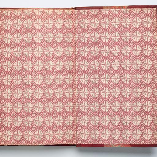 An open book with red and white patterned paper