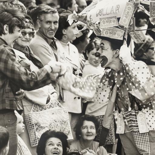 A clown entertaining a large crowd of people