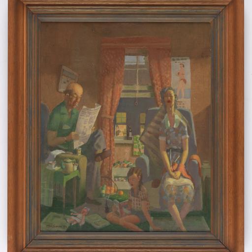 A painting showing a family sitting in their living room.