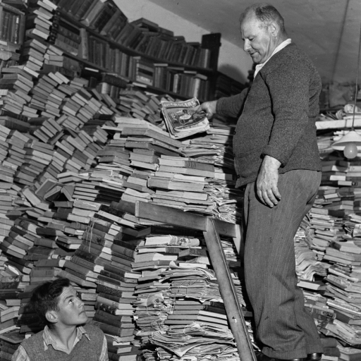 Man standing on ladder next to stacks of books