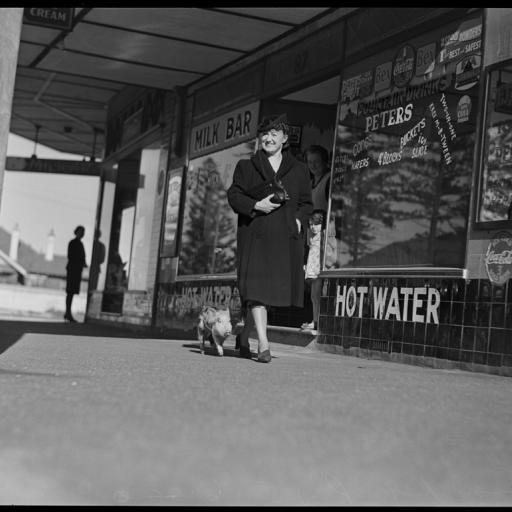 A woman walking a pig past shops