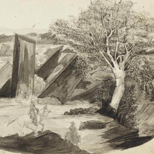 A pencil sketch showing a fallen down building among trees