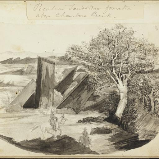 A pencil sketch showing a fallen down building among trees