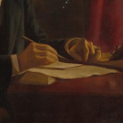 an artwork showing a person writing in a notebook
