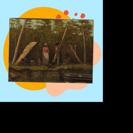 A painting of people in a forest