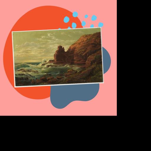 A painting of waves crashing on rocks