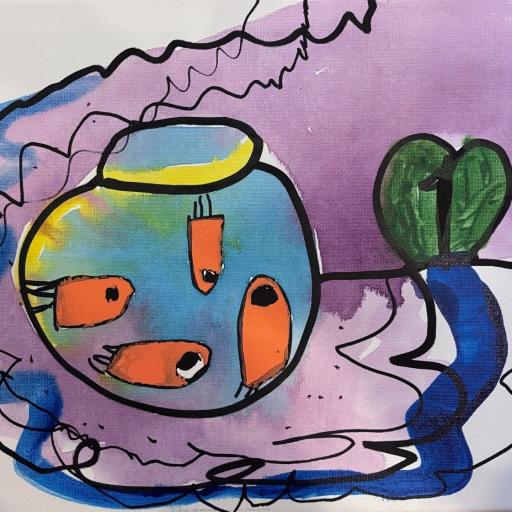 Painting of orange fish in a fishbowl 